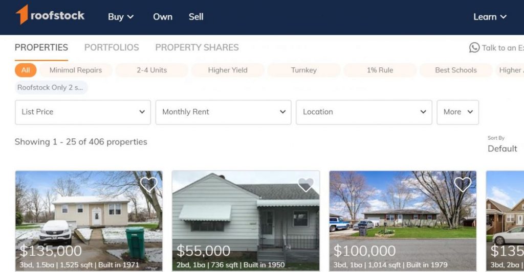 Roofstock main page to view Rental Properties