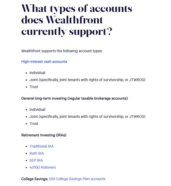 Wealthfront vs Betterment: Account Types (Wealthfront)
